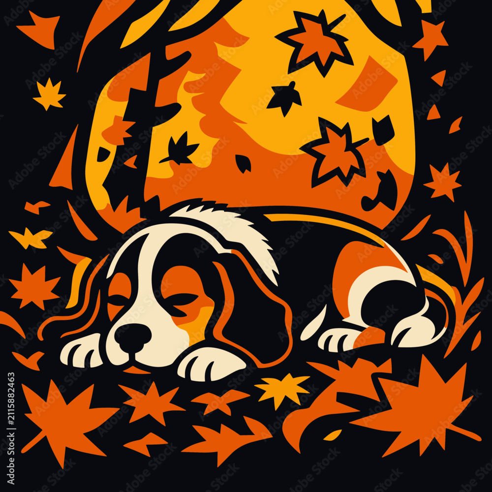 Fototapeta premium Cute Sleeping Beagle Hound Dog Character Resting Among Falling Autumn Leaves Cozy Seasonal Forest Mascot Emblem Graphic Illustration Artwork Design 