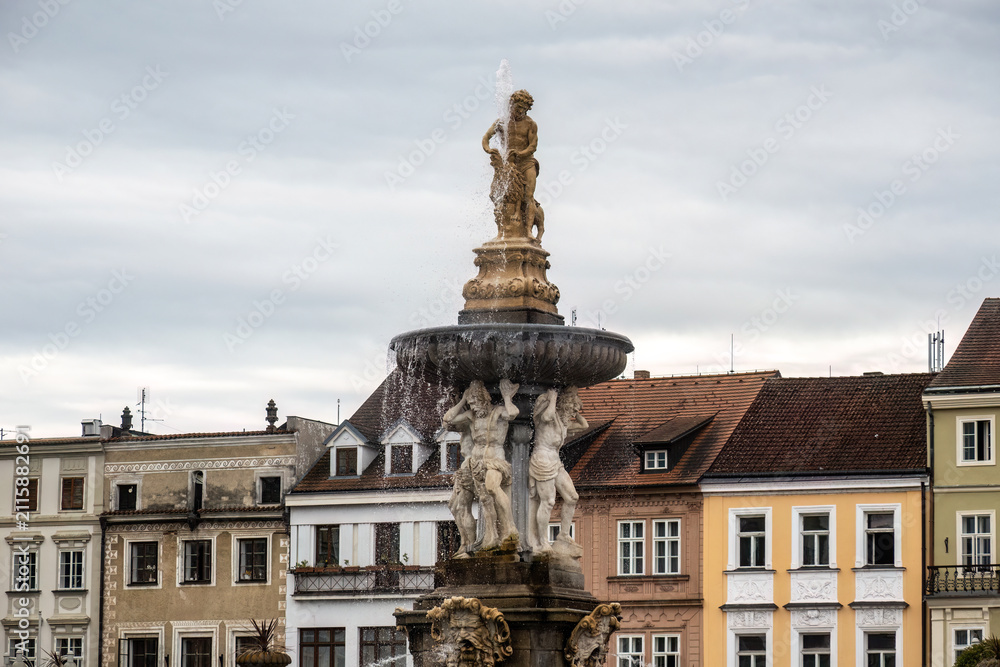 Fototapeta premium Historic Samson Fountain in front of the Town Hall on Přemysl Otakar II Square in České Budějovice, Czechia.