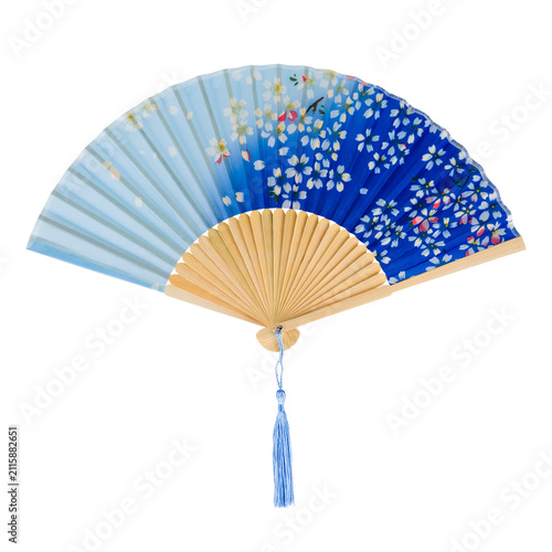 Traditional Japanese folding fan with sakura cherry blossom pattern isolated on white