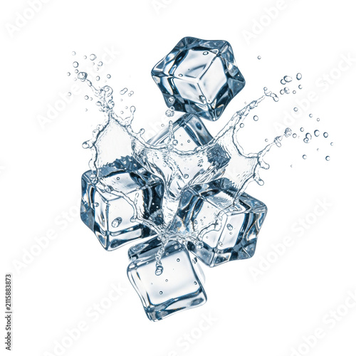 hyper-realistic macro shot of three geometric ice cubes colliding, freezing the radial burst of sharp shards and cool water droplets with strobe light against a transparent background. Concept for