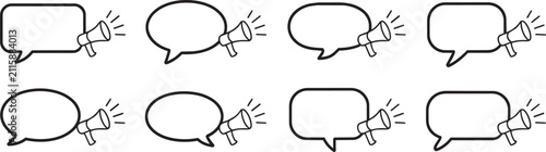 Konstfotografi Set of speech bubbles with megaphones in thin line vector art style simple collection for communication concept isolated on transparent grid graphic element for your marketing design projects