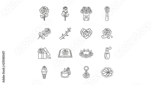 Collection of elegant line art floral icons featuring roses and related gift items with transparent backgrounds