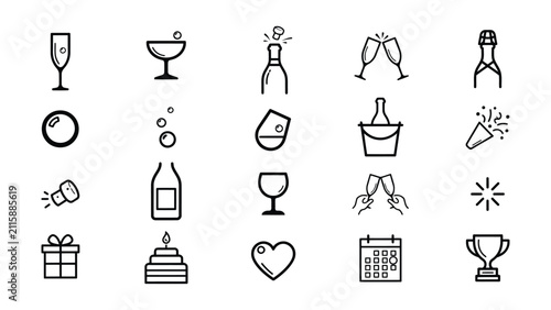 Collection of Celebration Party Icons Showing Wine Glasses Champagne Bottles Toasts and Festive Symbols on Transparent Background
