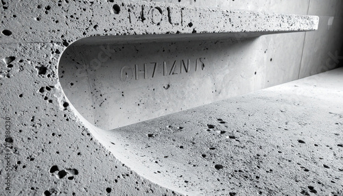 Concrete Architecture Detail: Close-up of a textured concrete surface featuring a curved architectural detail and inscribed markings, showcasing raw material and modernist design.