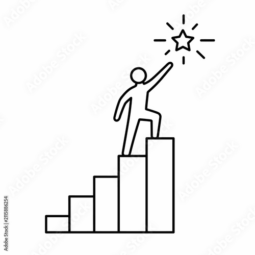 Business success icon showing person climbing stairs to reach a shining star.