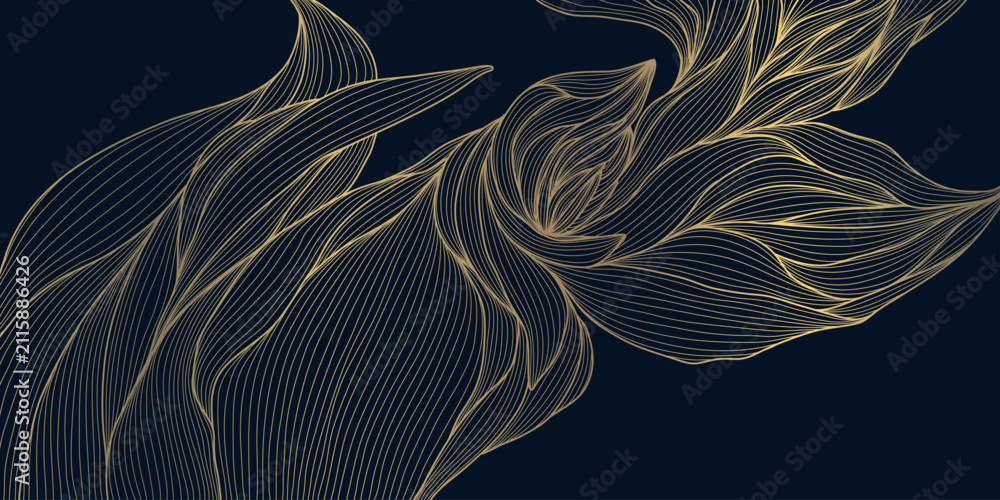 Obraz premium Luxury art deco floral pattern with elegant golden line flowers, leaves, botanical elements, Japanese design. Wave wallpaper, tea and spa branding, packaging, textile