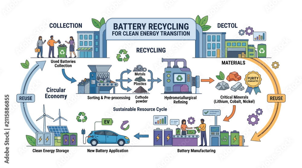 Fototapeta premium Battery Recycling for Clean Energy Transition: Circular Economy Process