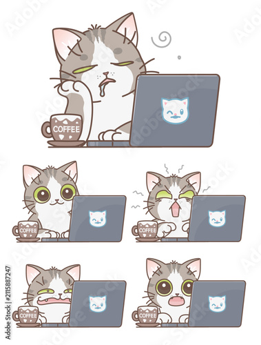 Cat working on laptop with various expressions. Vector illustration. Cute cats series. 