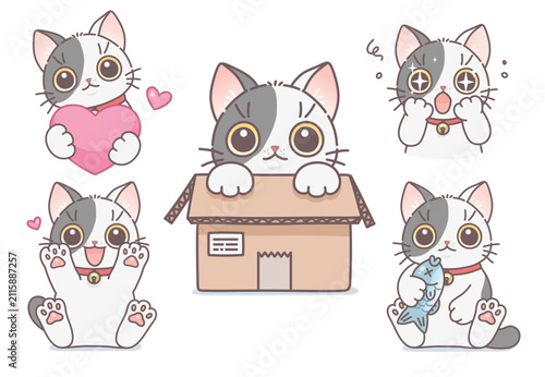Cute spotted kitten set vector illustration. Cute cats series. 