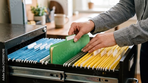 Office organization skills, a close-up of hands organizing color-coded folders in a metal drawer