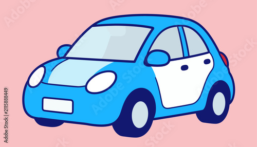 Cute cartoon blue and white compact car illustration on pink background
