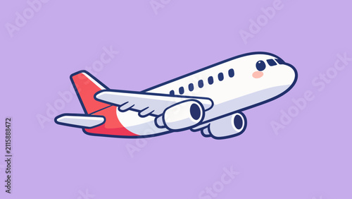 Cute cartoon airplane flying in sky vector illustration kawaii commercial jet plane travel and transportation concept