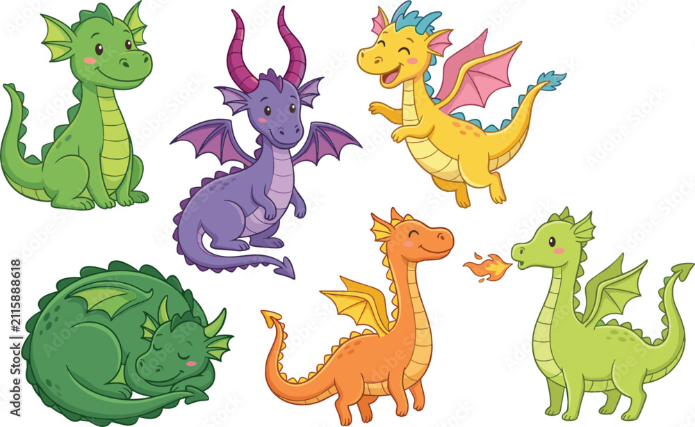 Fototapeta premium Cute cartoon baby dragons set with friendly colorful mythical creatures, fantasy little dinosaur characters flying and breathing fire vector illustration isolated on white.