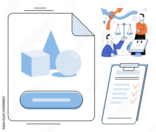 Geometric shapes and business icons vector illustration. Strategy, planning, management, organization, development, productivity. Abstract symbols and professional tasks on a digital document