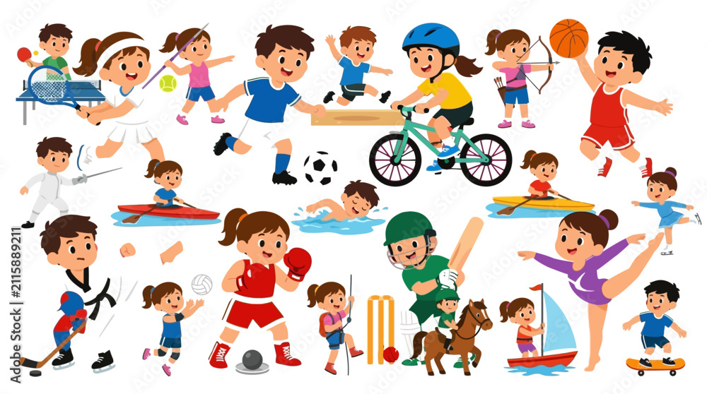 Fototapeta premium A collection of diverse children participating in various sports and physical activities.