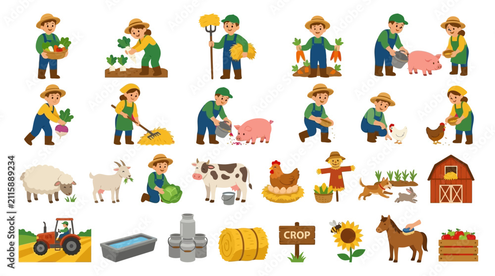 Naklejka premium Set of cartoon farm characters and agricultural equipment icons.