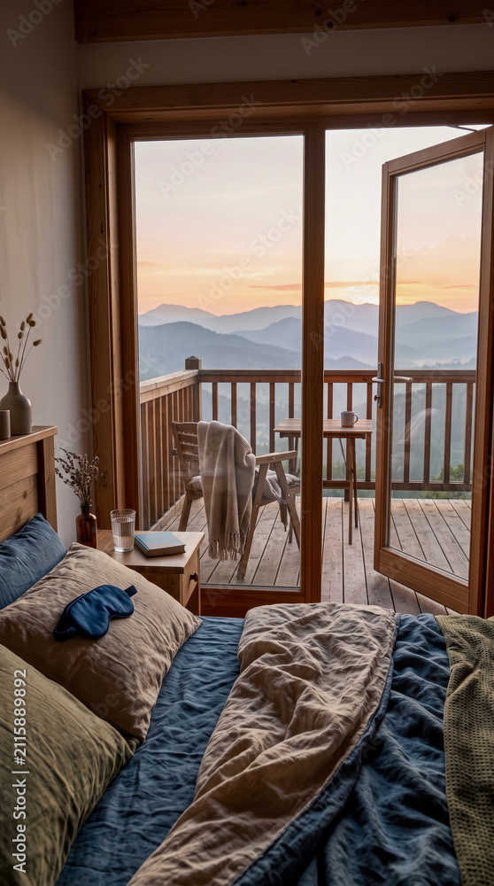 Fototapeta premium Peaceful and inviting bedroom with cozy bed, warm wooden furnishings, and private balcony overlooking majestic, layered mountain peaks at sunrise or sunset.