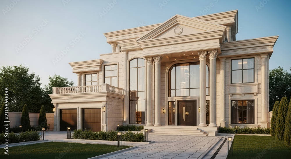 Obraz premium A majestic modern villa features symmetrical cream marble architecture, elegant golden trims, reflective windows, and a columned entrance, high-end, glass, estate