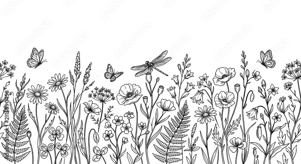 Fototapeta premium Hand-drawn wildflower meadow border, black and white floral line art with butterflies, botanical garden sketch for wedding stationery