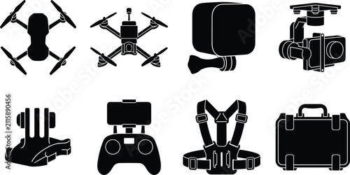 Konstfotografi Drone and action camera videography equipment silhouette vector icon set with mo