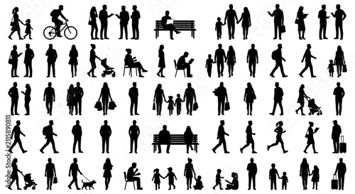Black silhouette people collection, diverse crowd of walking and standing human figures, urban pedestrian set for architectural visualization