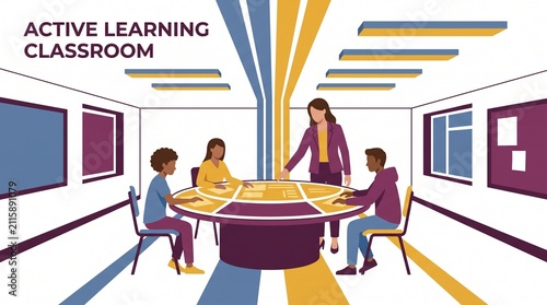 Active Learning Classroom illustration, modern educational environment, diverse students collaborating around an interactive table, innovative teaching space for engaging group work.
