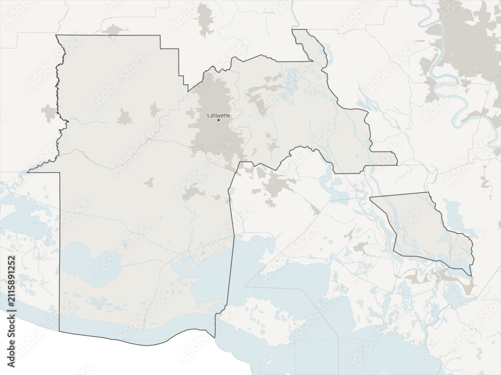 Obraz premium Lafayette metropolitan area vector map with county boundaries, urban footprint and hydrography, Louisiana, USA