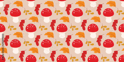 Autumn seamless pattern with fly agaric mushrooms and falling colorful leaves. Forest autumn background. Warm autumn mood, natural forest print for packaging, paper, textiles. Vector graphics