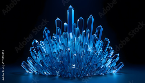 Crystal Cluster Brilliance: A mesmerizing cluster of translucent, multifaceted blue crystals emerges from the darkness.