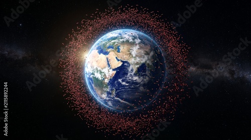 Scientific visualization of billions of floating CO₂ molecules surrounding Earth’s atmosphere