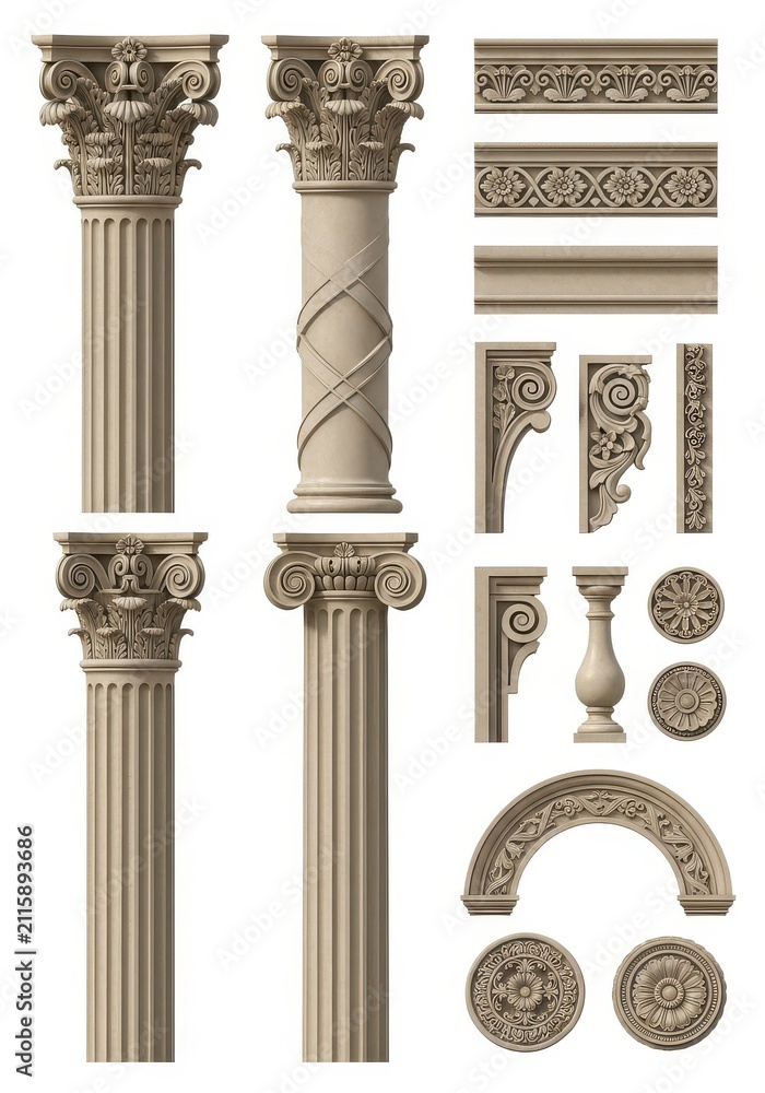Fototapeta premium Classical Architectural Elements Set with Corinthian Columns, Moldings, and Decorative Ornaments Isolated on White