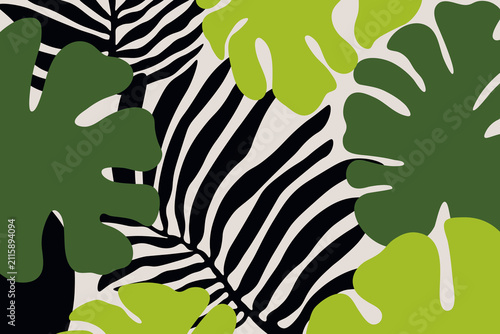 Groovy tropical leaves and monstera abstract retro background vector illustration.