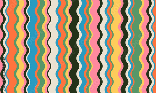 Groovy 70s retro colorful vertical wavy stripes pattern background vector illustration