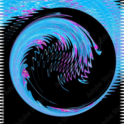 Abstract Digital Vortex Circle Background with Dynamic Neon Claw Waves and Creative Filter Distortion on Black Backdrop