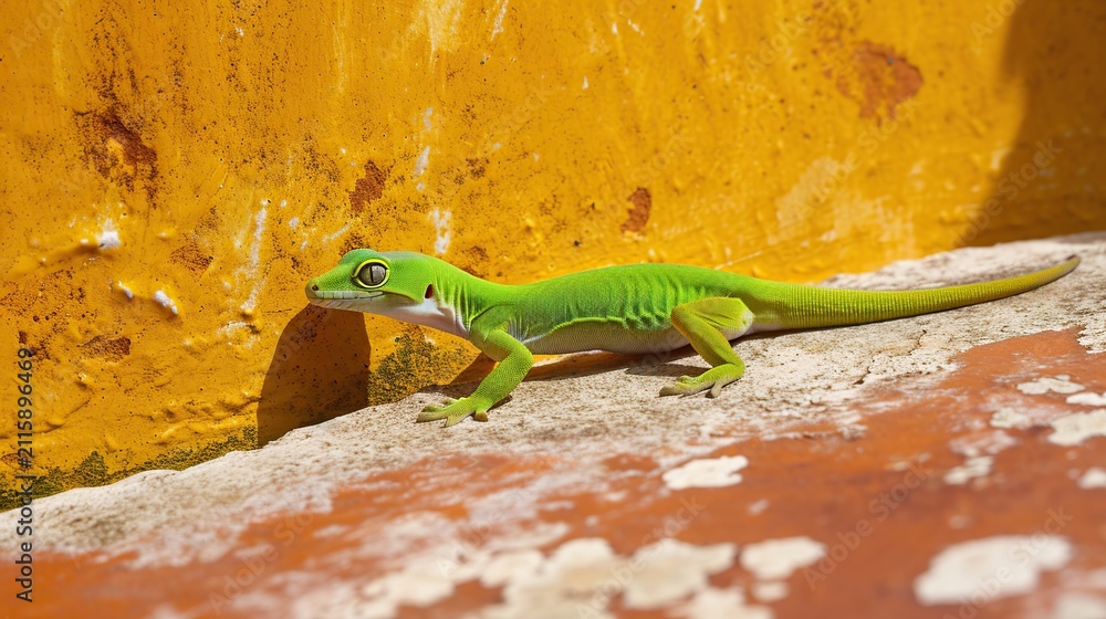 Fototapeta premium Bright Green Lizard Walking Across Multicolored Desert Rocks in Bright Sunlight