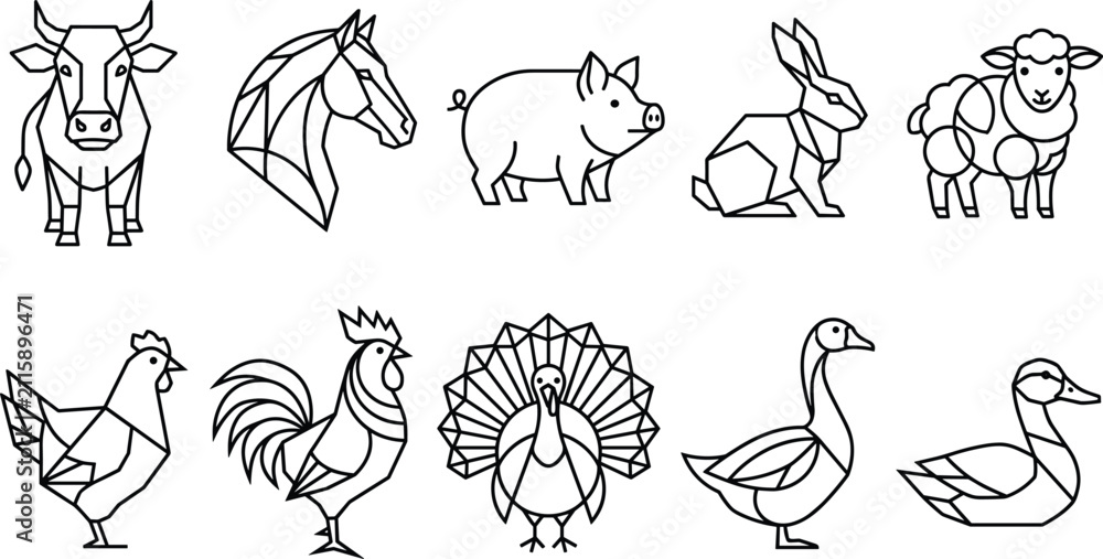 Naklejka premium Geometric Farm Animals Vector Icon Set with Minimalist Line Art Illustrations of Cow Horse Pig Sheep Poultry and Birds for Logo Designs