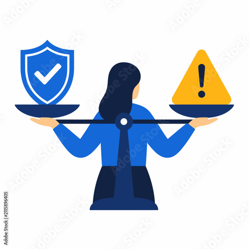 Business woman balancing risk and security on a scale illustration.