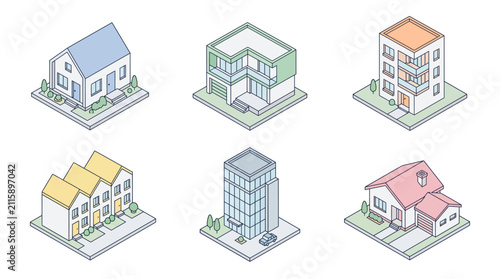 Set of various isometric building icons representing residential and commercial real estate architecture.