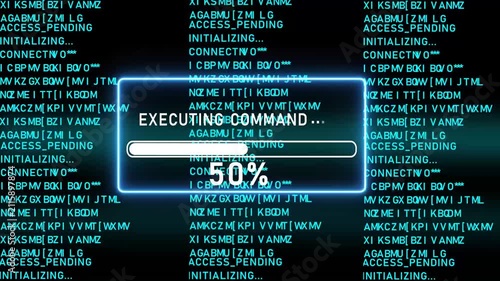 Blue progress bar shows 100% of EXECUTING COMMAND on a dark background with scrolling code Keywords: code, programming, hacking, security, data, progress bar, loading