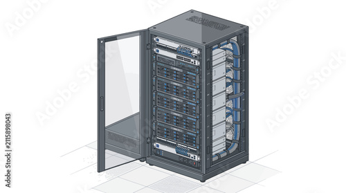 Isometric illustration of a modern server rack cabinet with open glass door.