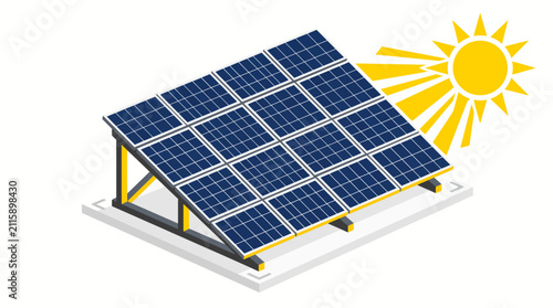 Isometric illustration of solar panels installed on a rooftop with bright sun shining.