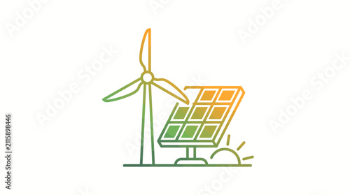 Minimalist line art illustration of wind turbine and solar panel for renewable energy concept.
