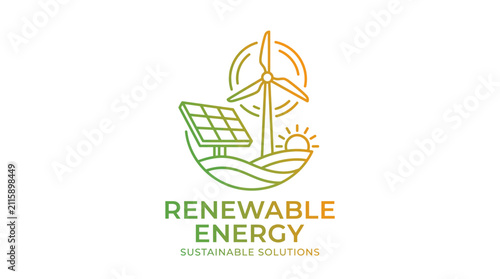 Minimalist line art logo representing renewable energy with solar panels and a wind turbine.