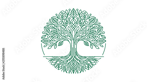 Elegant circular tree of life logo design with intricate branches and roots.