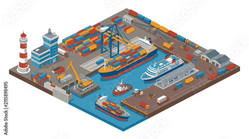 Busy Isometric Port Scene with Ships and Cranes.