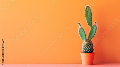 Bright orange studio backdrop with a small potted cactus centerpiece and warm shadows for modern botanical minimalism