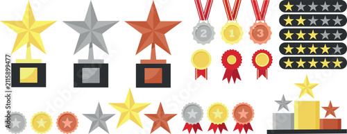 Gold, silver and bronze trophies, award badges with stars and I, II, III, winners podium, ranking and achievement icons. Trendy minimalist vector set, simple clean shapes, modern design.