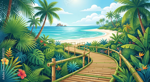 Tropical beach landscape with bamboo walkway, exotic jungle path leading to ocean, summer paradise background with palm trees and turquoise water