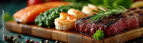 Panel kuchenny z motywem Steak on a cutting board with vegetables and shrimp food background banner copy space