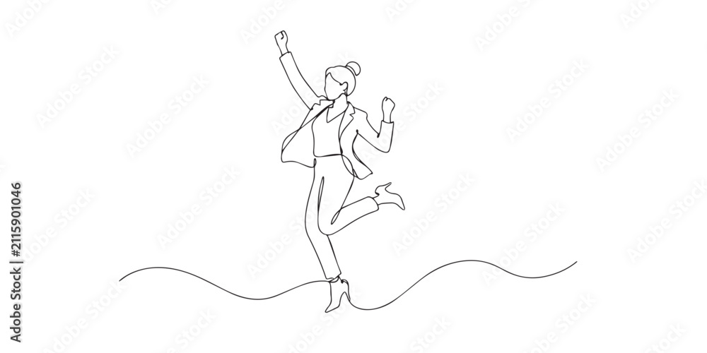 Fototapeta premium Single line happy businesswoman jumping. Continuous line drawing of a joyful businesswoman jumping in celebration. Success and positive achievement. One line vector illustration.